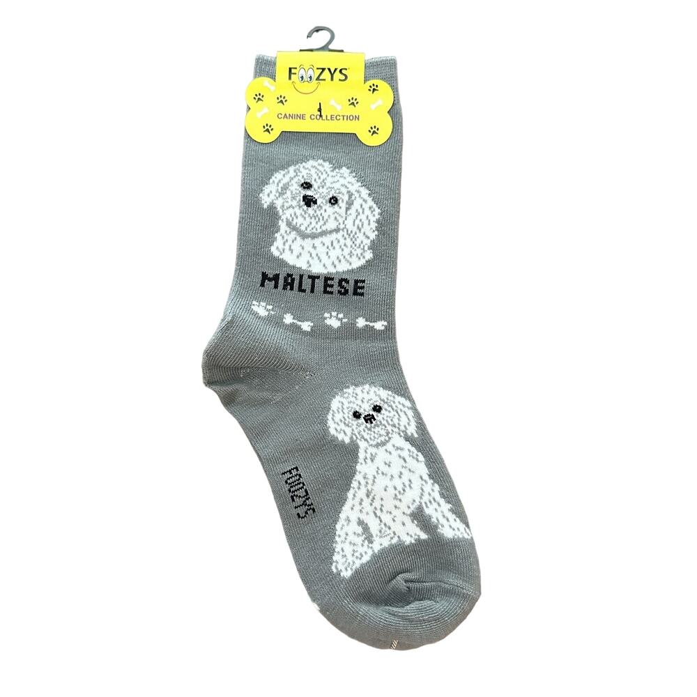 Foozys Grey Dog Pattern Maltese Print Crew Socks Women One Size